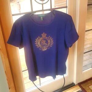 Lauren Ralph Lauren Gold Stud‎ Beaded Crest Graphic Short Sleeve T-Shirt Sz L